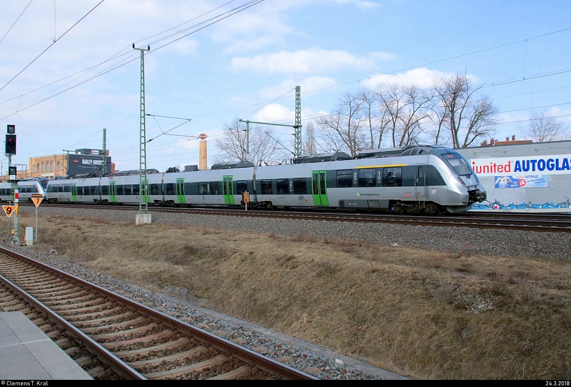 Zwei BR 1442 (Bombardier Talent 2) der S-Bahn Mitteldeutschland (DB Regio Südost) als S 37523 (S5X) von Halle(Saale)Hbf nach Zwickau(Sachs)Hbf fahren am Hp Leipzig Nord auf der Neubaustrecke Erfurt–Leipzig/Halle (KBS 580). [24.3.2018 | 15:37 Uhr]