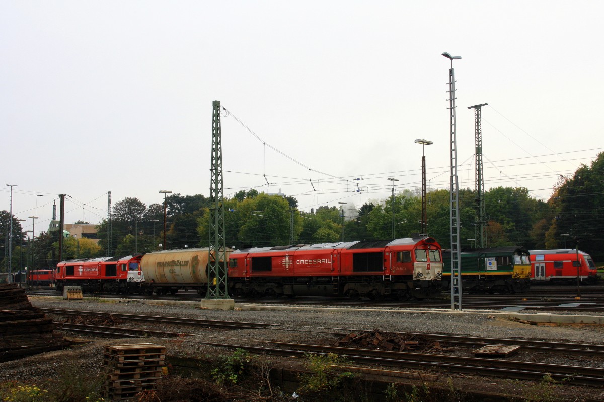 Zwei Class 66 DE6312  Alix  von Crossrail und in der Mitte steht ein Getreidewagen die DE6310  Griet  von Crossrail und die Class 66 PB01 von der Rurtalbahn-Cargo rangiert in Aachen-West bei Sonne und Wolken am 12.10.2013.