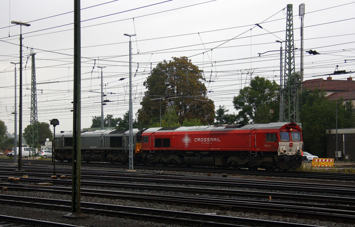 Zwei Class 66 PB03  Mireille  von Crossrail und die DE6307 von DLC Railways rangiern in Aachen-West.
Aufgenommen vom Bahnsteig in Aachen-West am 22.8.2014. 