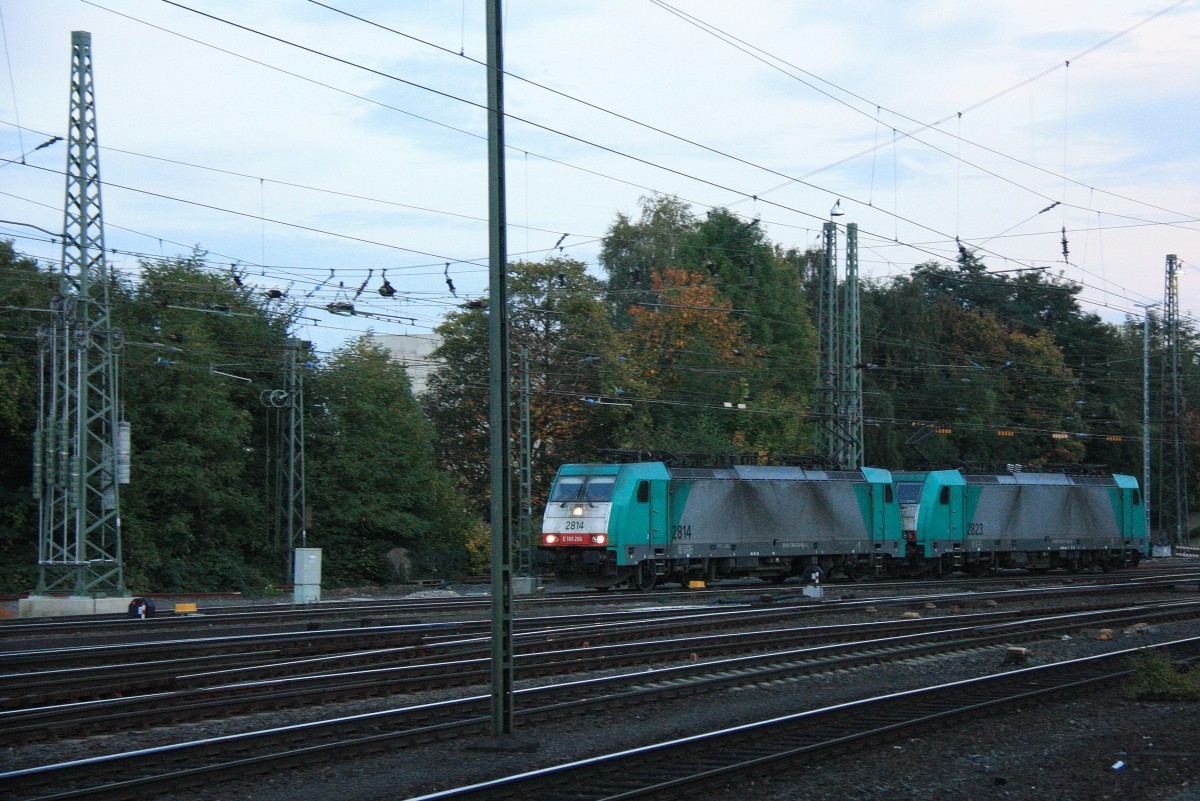 Zwei Cobra 2814 und 2823 kommen als Lokzug aus Belgien und fahren in Aachen-West ein.
Aufgenommen vom Bahnsteig in Aachen-West in der Abendstimmung am Abend vom 18.10.2013.