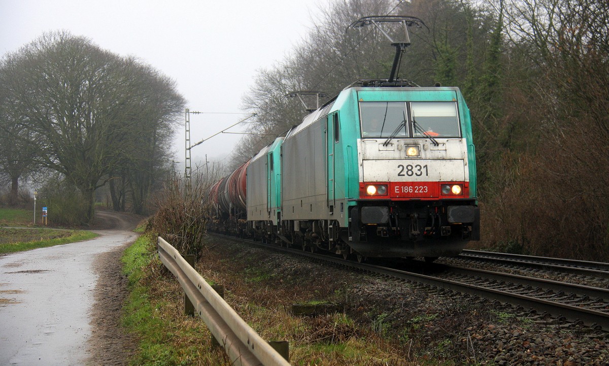 Zwei Cobra 2831 und 2824  kommen aus Richtung Montzen/Belgien mit einem langen Ölzug aus Antwerpen-Petrol(B) nach Basel-SBB(CH) und fahren die Rampe nach Aachen-West hinunter. 
Aufgenommen an der Montzenroute am Gemmenicher-Weg. 
Bei Niselregen am Mittag vom 23.1.2016. 