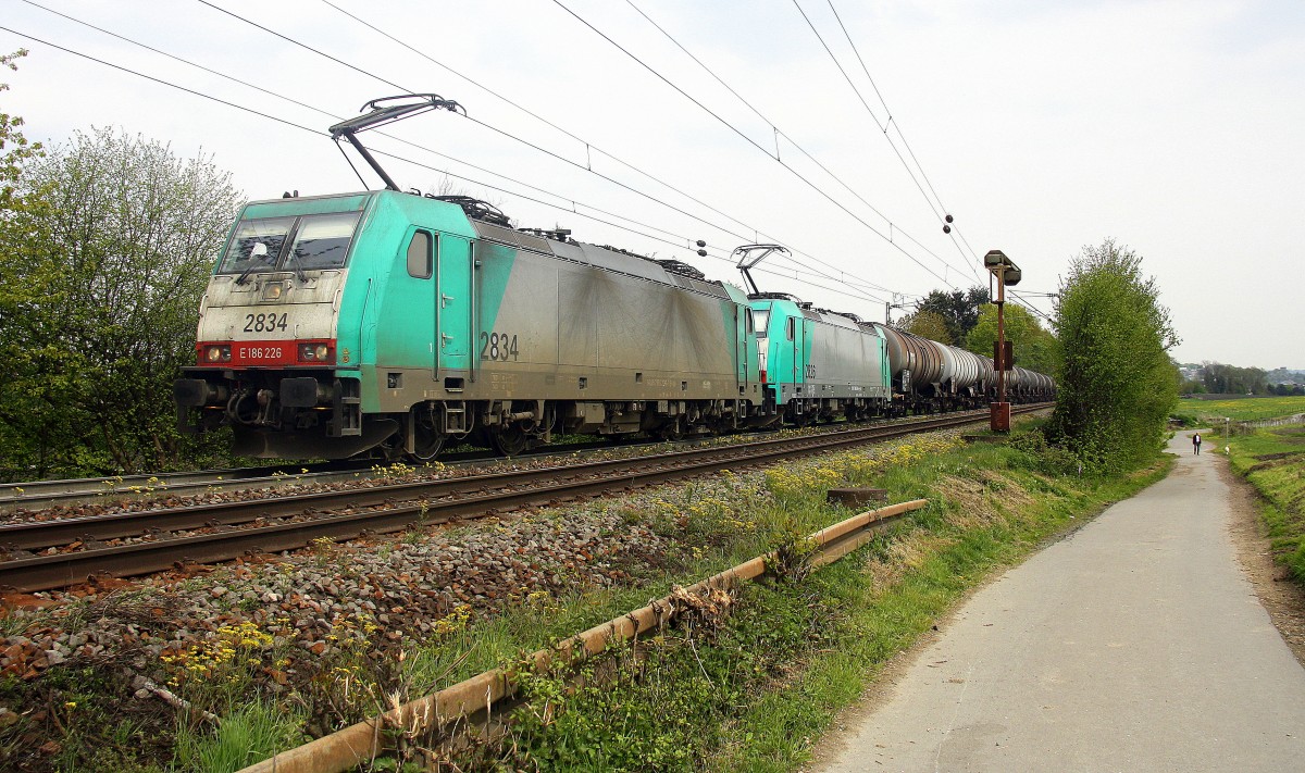 Zwei Cobra 2834 und 2826 kommen die Gemmenicher-Rampe hochgefahren aus Richtung Aachen-West mit einem langen Ölleerzug aus Basel(CH) nach  Antwerpen-Petrol(B)  und fahren in Richtung Gemmenicher-Tunnel,Botzelaer(B),Gemmenich(B),Nouvelaer(B),Moresnet(B),Moresnet-Chapelle(B),Montzen(B). 
Aufgenommen an der Montzenroute am Gemmenicher-Weg. 
Bei Sonne und Wolken am  2.5.2015.