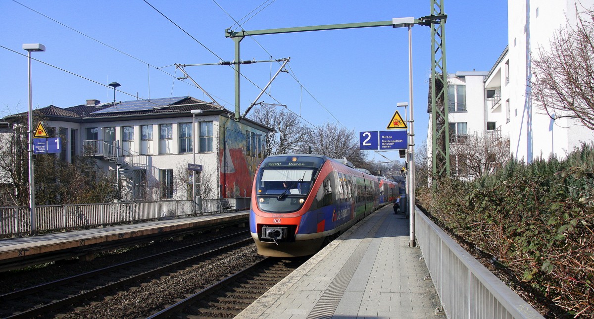 Zwei Euregiobahn (RB20) aus Heerlen(NL) nach Düren-Hbf,Stolberg-Altstadt kommen auf dem falschen Gleis aus Richtung Aachen-West und halten in Aachen-Schanz und fahren in Richtung Aachen-Hbf.
Bei schönem  Frühlingswetter am Nachmittag vom 17.3.2015.