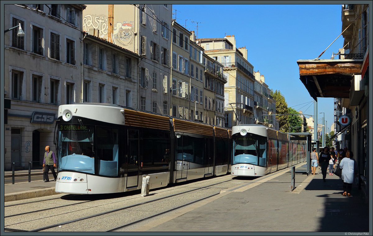 Zwei Flexity Outlook der RTM als Linie 3 an der Haltestelle Dragon. (Marseille, 29.09.2018)