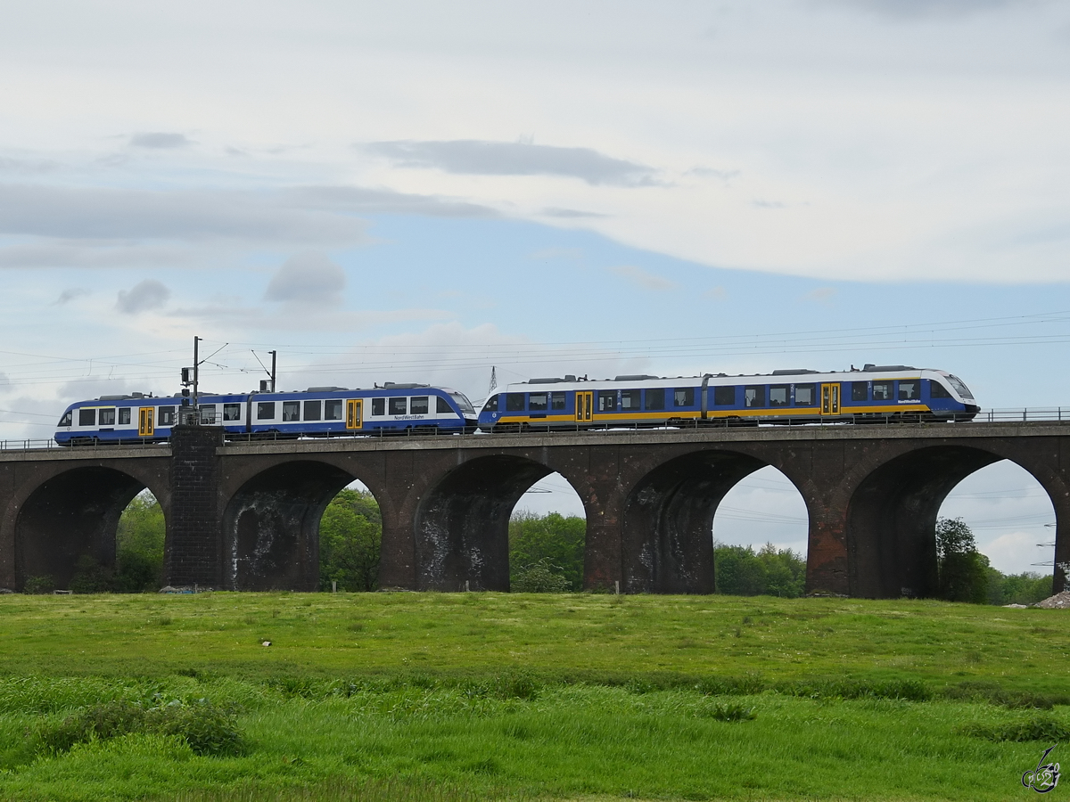 Zwei gekoppelte Dieseltriebzüge der NordWestBahn befahren Anfang Mai 2021 die Hochfelder Eisenbahnbrücke in Duisburg.