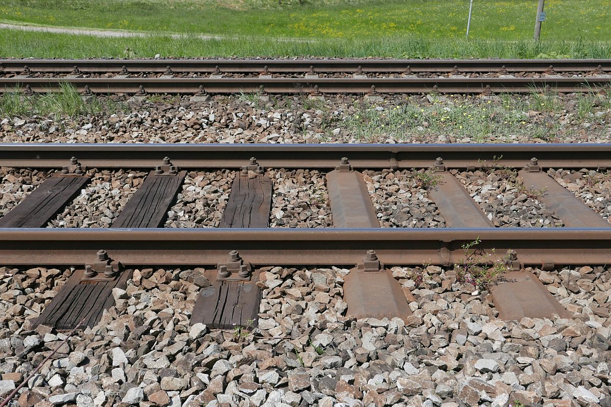 Zwei Gleise und drei unterschiedliche Arten von Schwellen. Hinten das Gleis in Fahrtrichtung Lindau mit Betonschwellen und vorne das Gleis aus Fahrtrichtung Lindau mit Holz- und Stahlschwellen. Der Gleisausschnitt der Allgäubahn wurde am 06.05.2018 bei Hergatz über einen Zaun fotografiert, der zwischen den Gleisen und einem Fußpfad steht.
