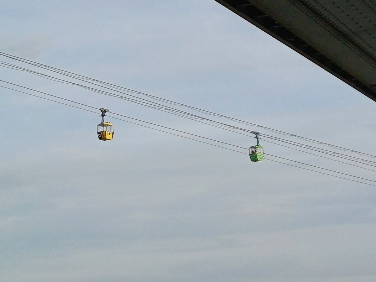 Zwei Gondeln der Rhein-Seilbahn am 11.10.2023 über dem Rhein in Köln.