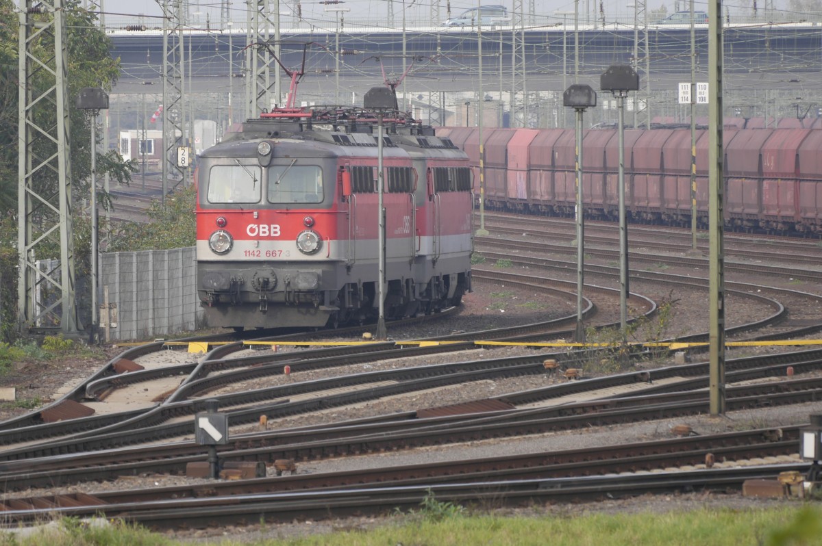 Zwei ÖBB-1142 (667 und 640) im Neusser Güterbahnhof, 27.10.14.