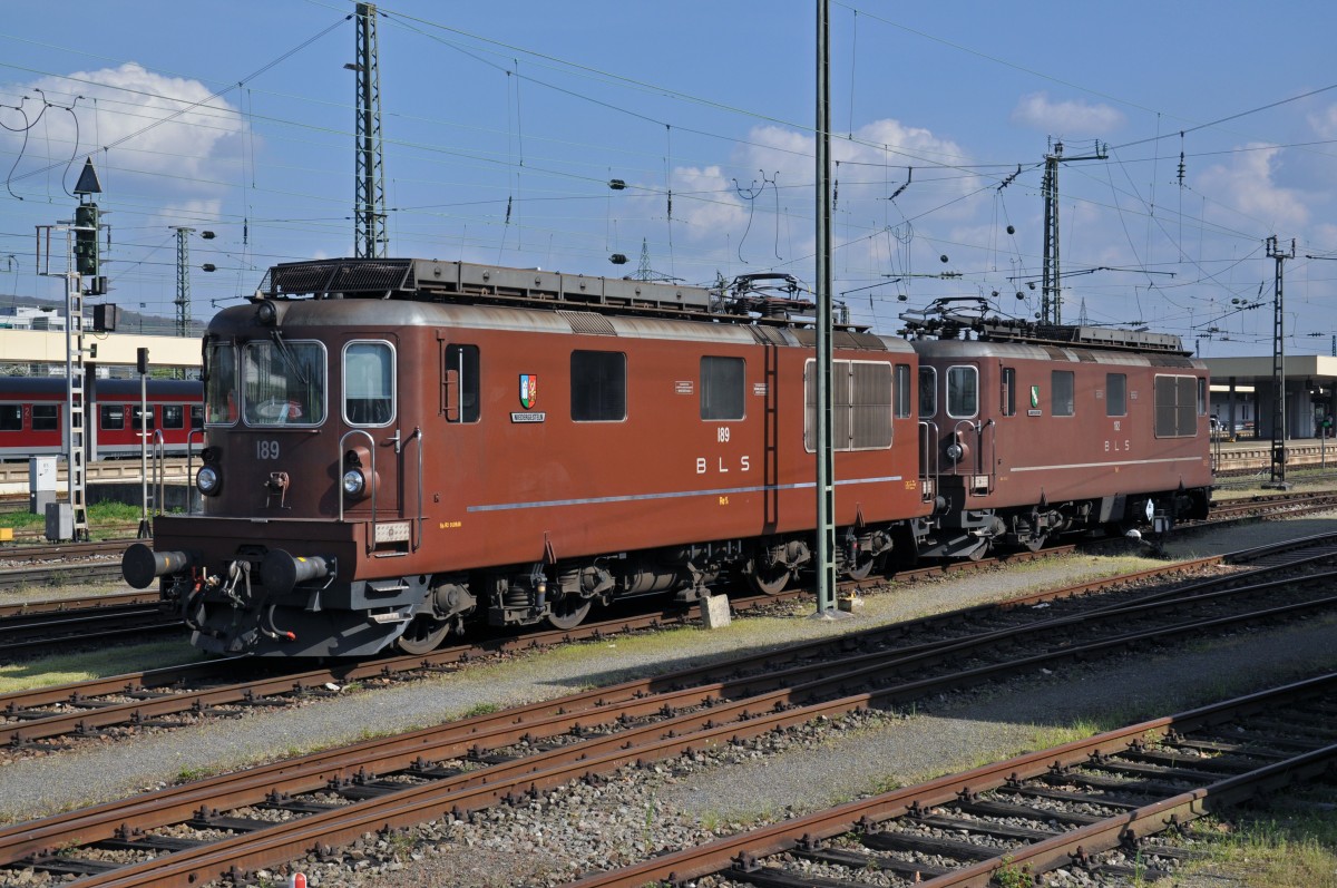 Zwei Re 425 189 + 182 der BLS auf einem Abstellgleis am Badischen Bahnhof. Die Aufnahme stammt vom 06.04.2014.
