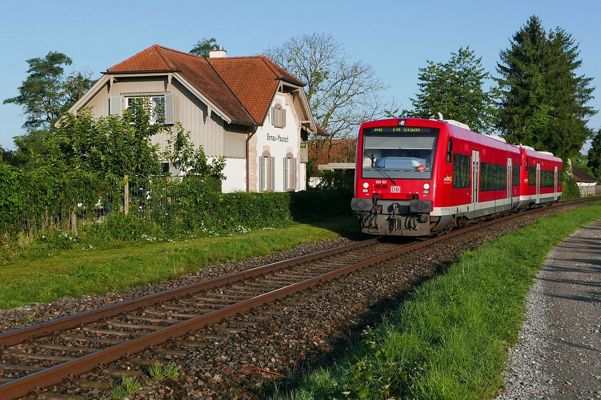 Zwei Regio-Shuttle RS 1, geführt von 650 103, fahren am 16.08.2019 als RB 22757, Radolfzell - Friedrichshafen Stadt, am Gebäude der ehemaligen Haltestelle Birnau-Maurach vorbei.