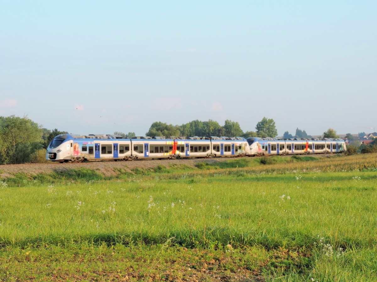 Zwei Regiolis Triebzüge fahren den abendlischen Zug zwischen Strassburg und Saargemünd. Ettendorf 09/09/2014.