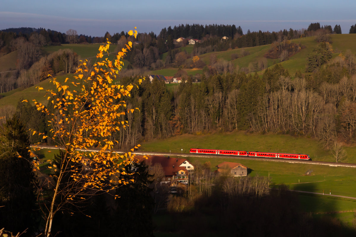 Zwei Triebwagen der Baureihe 612 bei Oberthalhofen. Gesehen von Stiefenhofen aus. 8.11.20