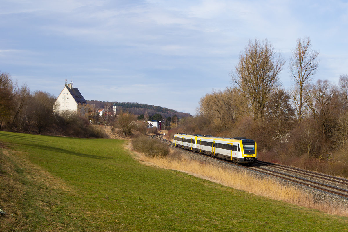Zwei Triebwagen Br612 hinter Aulendorf nach Friedrichshafen. 3.3.19