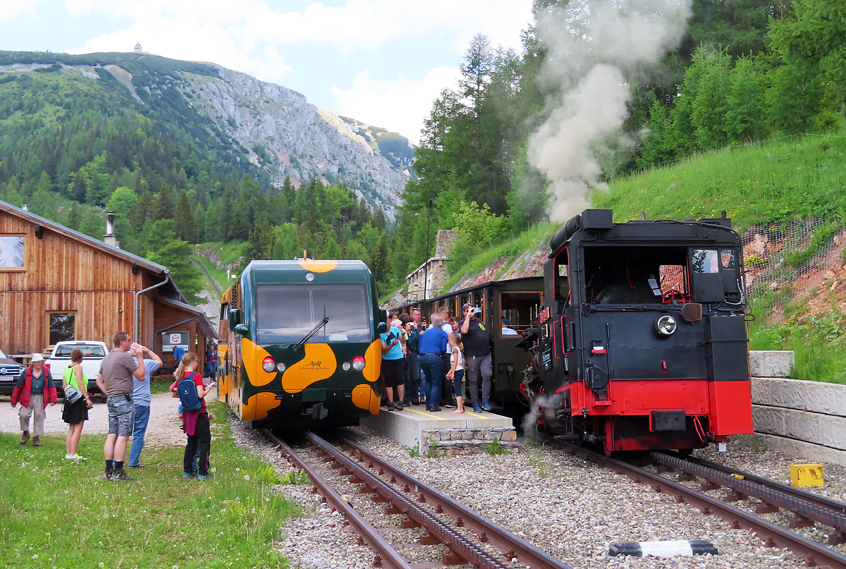 Zwei Züge und viele begeisterte Fahrgäste: Der 'Salamander' überholt den Dampfzug in der Station Baumgartner. Bei beiden Zügen ist das Fahrziel der Schneeberg (links im Hintergrund). Station Baumgartner, Puchberg am Schneeberg, 18.6.2023