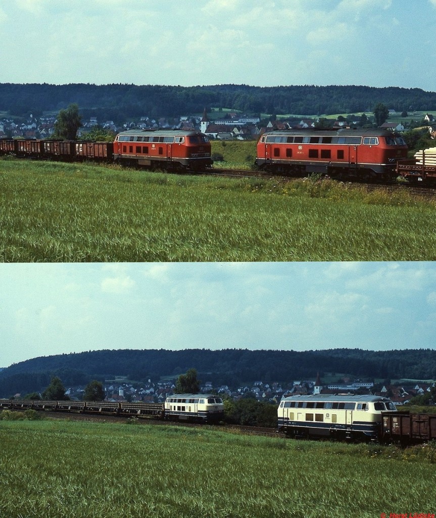 Zwei Zge und vier Lokomotiven: Begegnung von zwei mit BR 218 bespannten Gterzgen in der Nhe von Neukirchen bei Sulzbach-Rosenberg, nachgeschoben wurden die Zge von zwei Lokomotiven der BR 217 (Juli 1985)