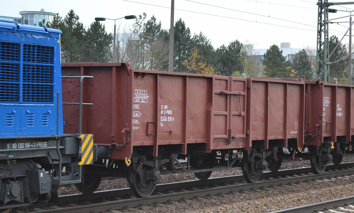 Zweiachsiger offener Güterwagen vom Einsteller PRESS mit der Nr. 21 RIV 80 D-PRESS 5246 010-0 Es am 12.11.19 Bf. Flughafen Berlin-Schönefeld.