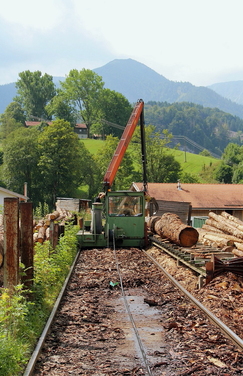 Zweifellos ein Schienenfahrzeug: Das Sägewerk Gasteiger setzt diesen Rundholz-Umschlagwagen der Firma Baljer und Zembrod in ihrem Betrieb im oberbayrischen Fischbachau ein. Angetrieben wird das Fahrzeug durch einen Elektromotor, Kabel und Kabeltrommel sind hier gut sichtbar. Das Foto entstand am 14.08.2013 von einem öffentlichen Wanderweg aus, der durch das Betriebsgelände führt.