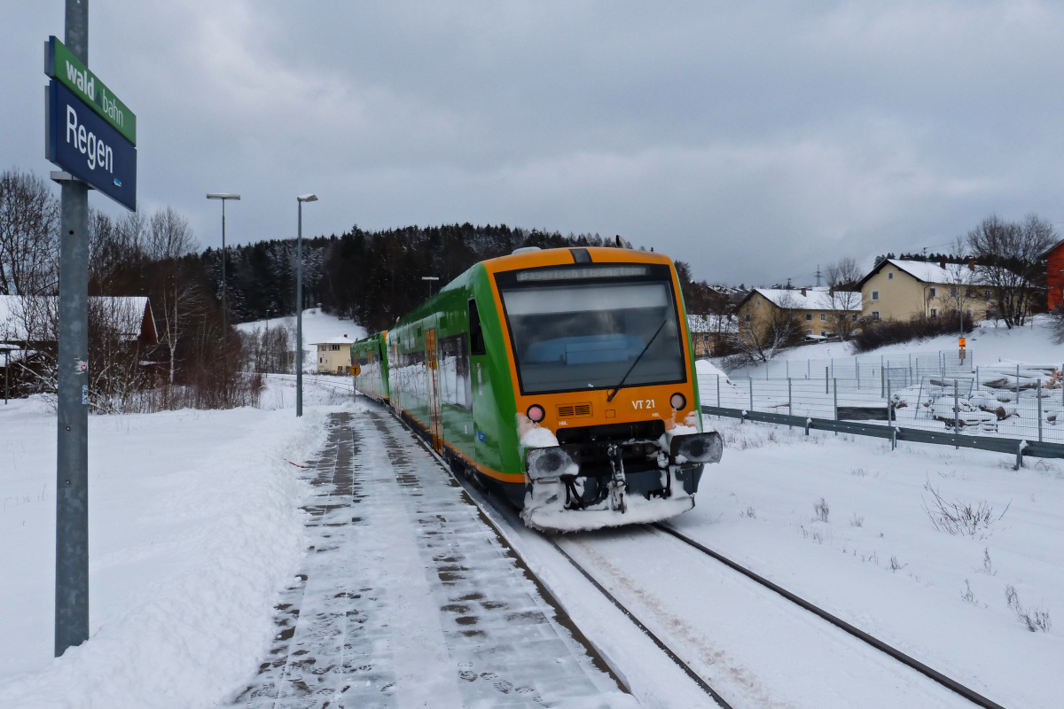 Zweiteilige Garnitur der Waldbahn verlässt den Bahnhof Regen Richtung Bayrisch Eisenstein. 17.01.2016