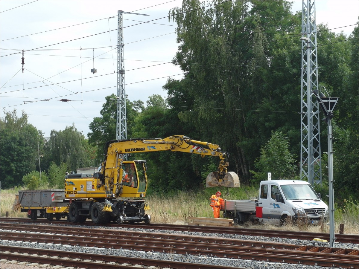 Zweiwege-Bagger LIEBHERR A 900 C ZW Litronic in Aktion; Bahnhof Döbeln, 20.07.2015
