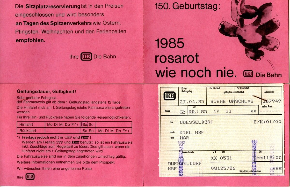 Zwischen 1983 und 1988 bot die Deutsche Bundesbahn verbilligte Rückfahrten unter dem Slogan  Rosarote Wochen  mit einem Elefanten als Maskottchen an, sozusagen ein Vorläufer des heutigen Sparpreises. Diese Fahrkarte löste ich für einen Trip nach Kiel, um noch einige Aufnahmen von der dortigen Straßenbahn kurz vor ihrer Stilllegung zu machen (Hinfahrt am Freitagabend mit dem Nachtzug, zurück am Samstagabend). Im Vergleich zu den heutigen Angeboten erscheinen 119 DM, also fast 60 Euro, nicht gerade preiswert...