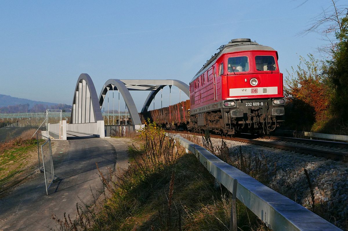 Zwischen Kluftern und Fischbach zieht 232 609-8 auf Grund einer baustellenbedingten Streckensperrung zwischen Radolfzell und Konstanz einen umgeleiteten Güterzug von Singen nach Lindau (18.11.2020).