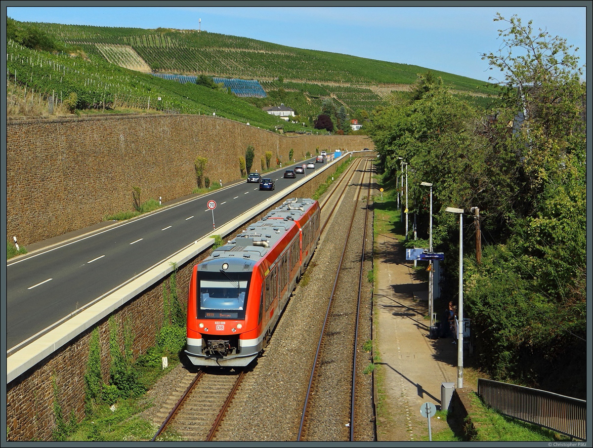 Zwischen Remagen und Dernau verdichtet die RB 39 den Zugverkehr auf der Ahrtalbahn zum Halbstundentakt. 622 006 erreicht am 13.09.2020 den nördlich des Stadtzentrums gelegenen Haltepunkt Ahrweiler Markt.