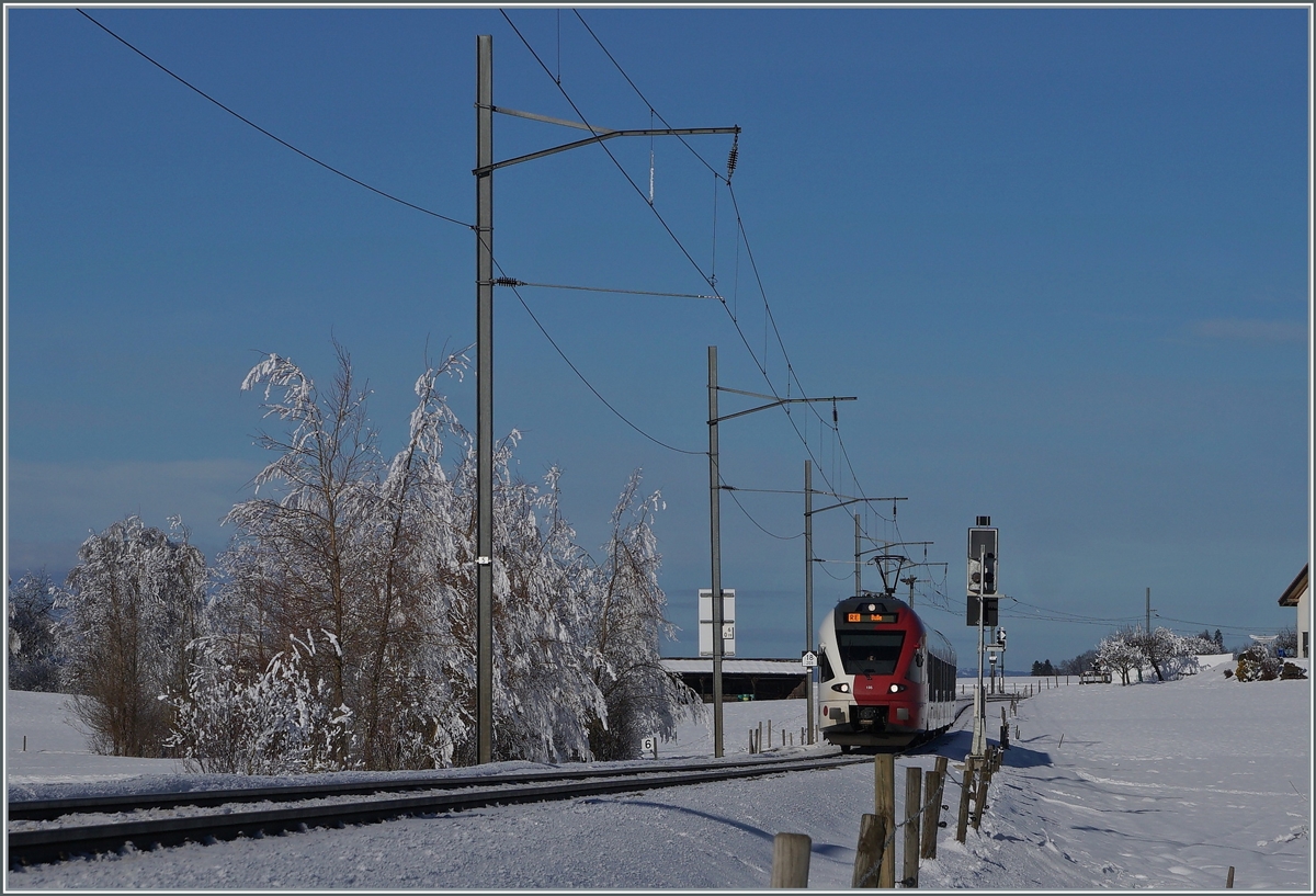 Zwischen Sâles und Vaulruz Nord, heute beides Dienststationen, ist der TPF Flirt RABe 527 195 als RE 3816 von Bern nach Bulle unterwegs. 

23. Dezember 2021
