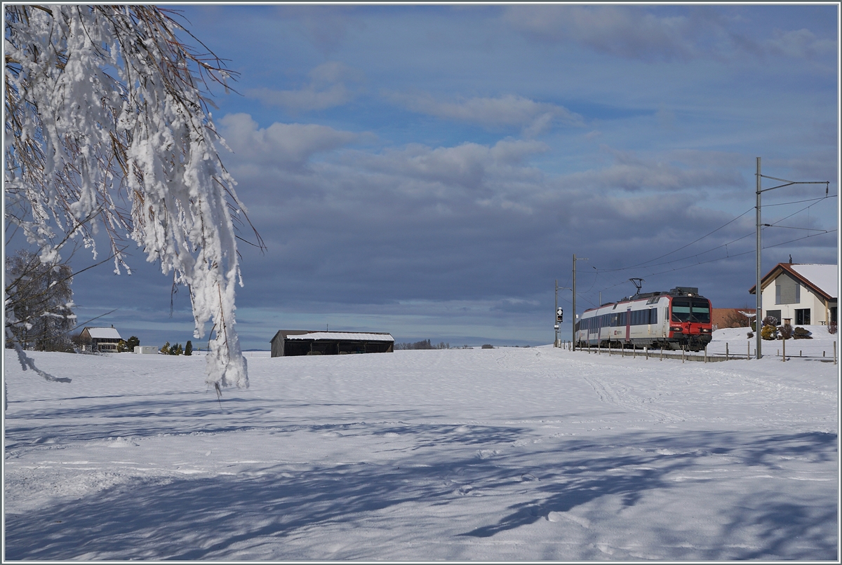 Zwischen Sales und Vaulruz konnte in einer herrlichen Winterlandschaft dieser SBB RBDe 560 Domino fotografiert werden. Der für die tpf fahrende Zug ist als RE 3818 von Bern nach Bulle unterwegs.

23. Dezember 2021