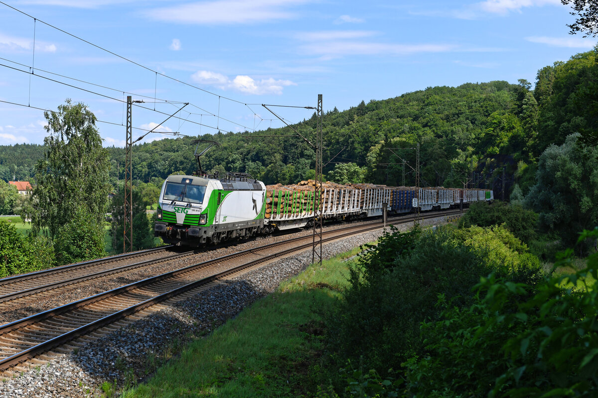 Zwischen Treuchtlingen und Möhren konnte ich am 31. Juli 2021 die für die SETG fahrende 193 814 mit einem mit Stammholz beladenen Ganzzug aufnehmen. Ziel der Fahrt war vermutlich Salzburg Liefering. 
