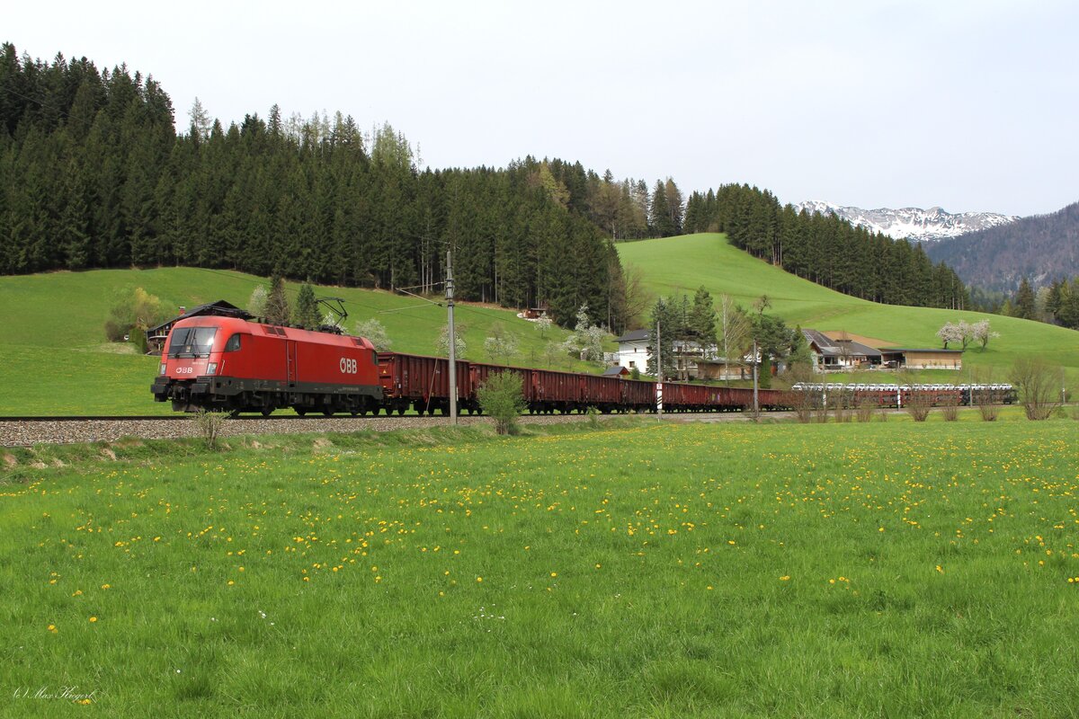 Zwischen Windischgarsten und Spital am Pyhrn fährt die 1016 024 am 8.4.2024 mit einem gemischten Güterzug von Wien Zvb nach Villach Süd Gvbf.
Südwärts fahrende Güterzüge fahren von Linz über die Pyhrnbahn nach Selzthal, während nordwärts fahrende Züge über die Gesäuse-Strecke von Selzthal nach St.Valentin fahren.