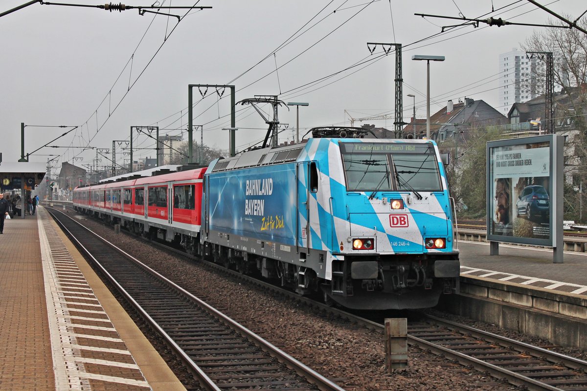Zwischenhalt am 21.03.2015 von 146 246-4  Bahnland Bayern/Xaver  mit einem RE (Würzburg Hbf - Frankfurt (Main) Hbf) in Frankfurt (Main) Süd.