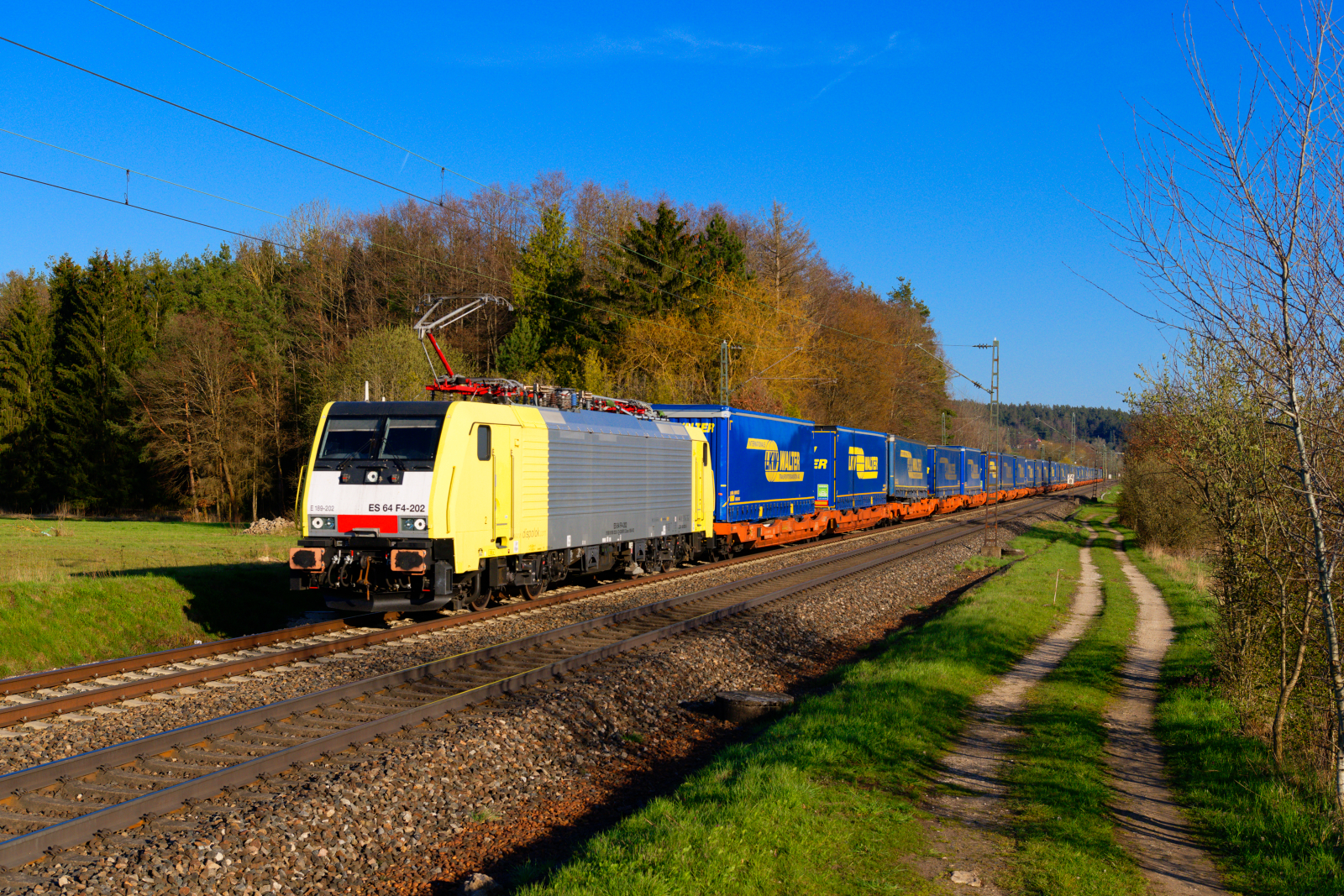 189 202 MRCE/Ecco mit einem LKW-Walter KLV-Zug bei Postbauer-Heng Richtung Nürnberg, 23.04.2021
