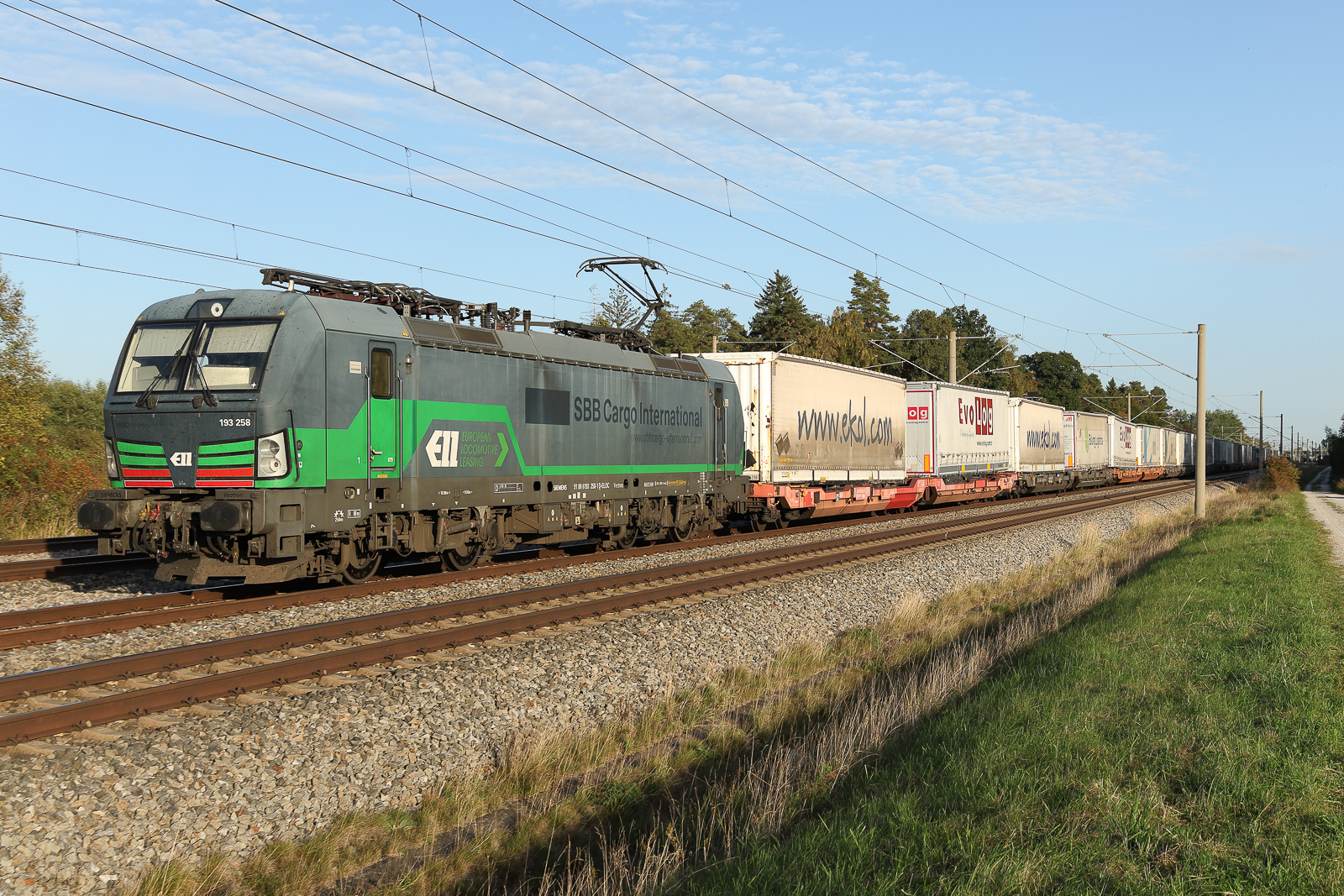 193 258 Ell in Lackierung und ausgeblichene SBB Cargo Schrift mit Aufliegern am 28.9.2026 bei Haspelmoor