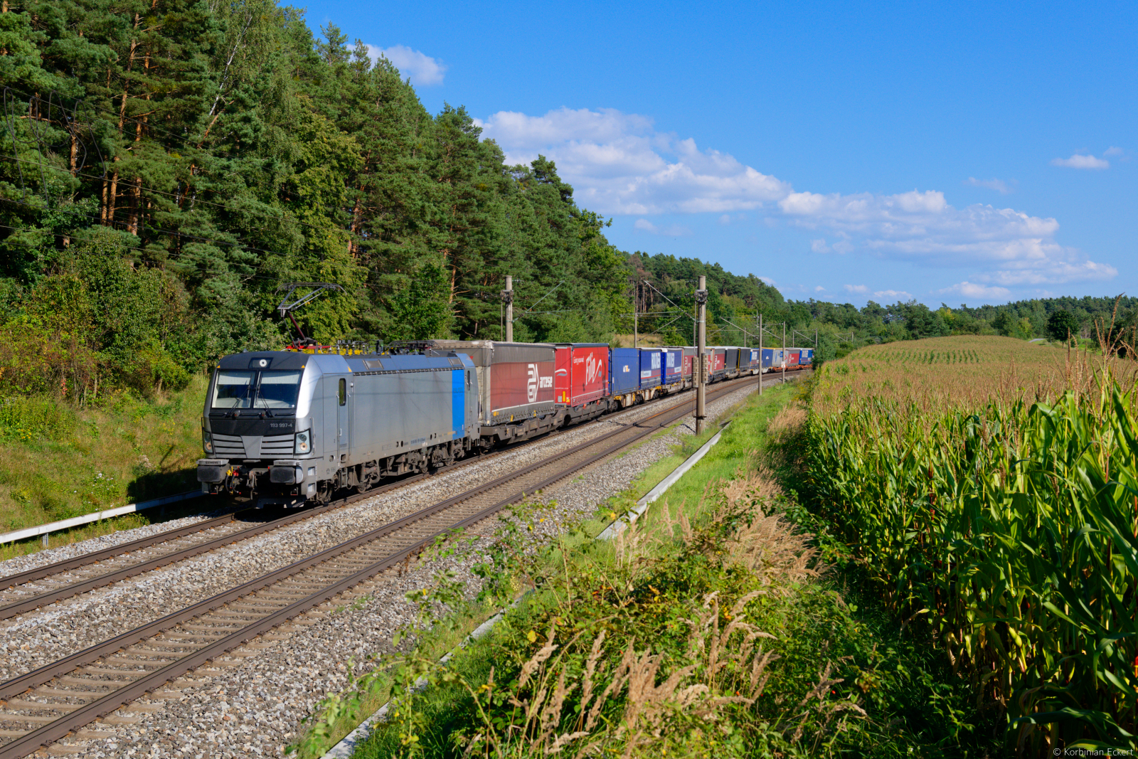193 997 Railpool/TXL mit einem KLV-Zug bei Hagenbüchach Richtung Würzburg, 04.09.2021