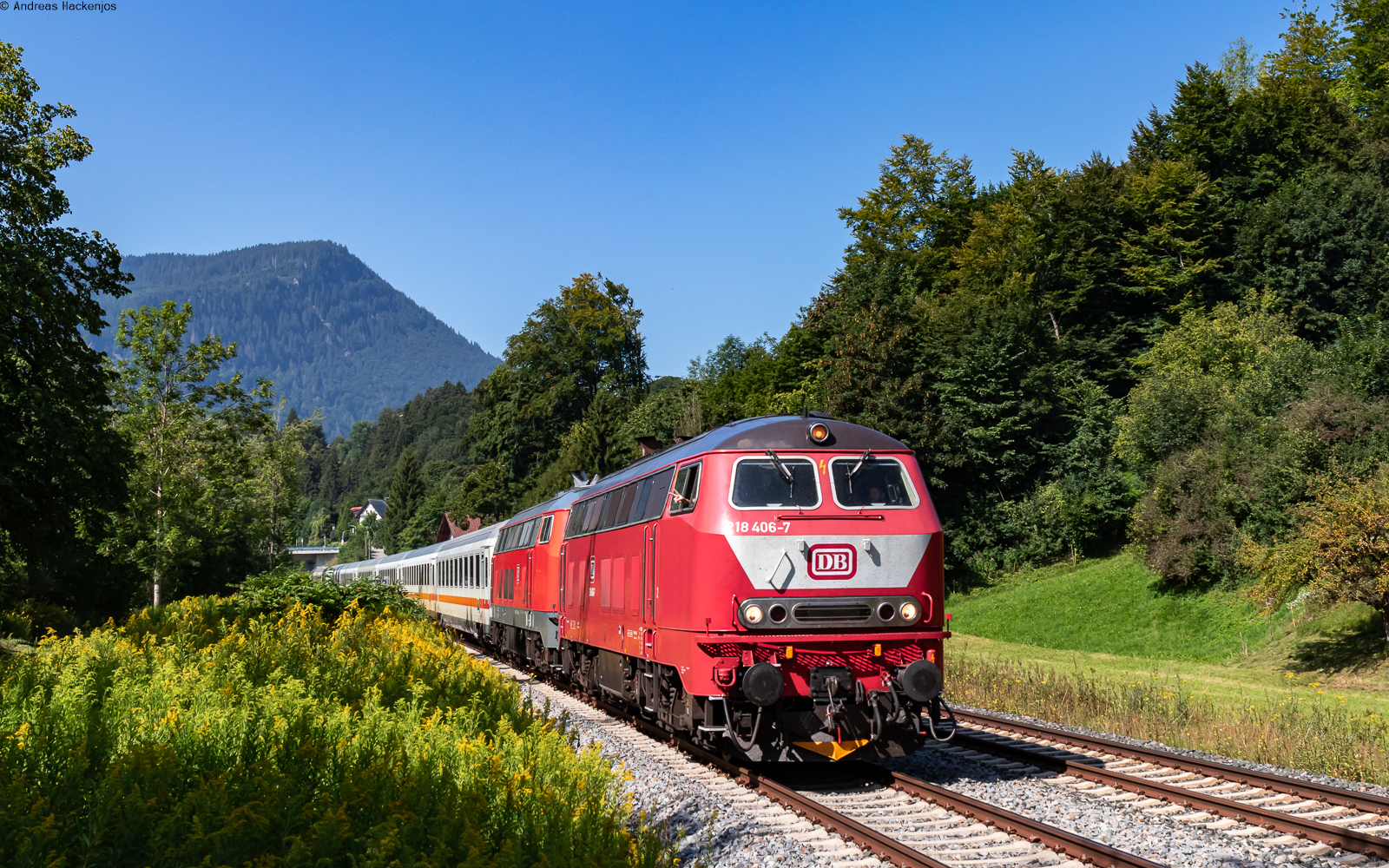 218 406 und 218 416 mit dem IC 2012  Allgäu  (Oberstdorf - Dortmund Hbf) bei Immenstadt 12.8.25