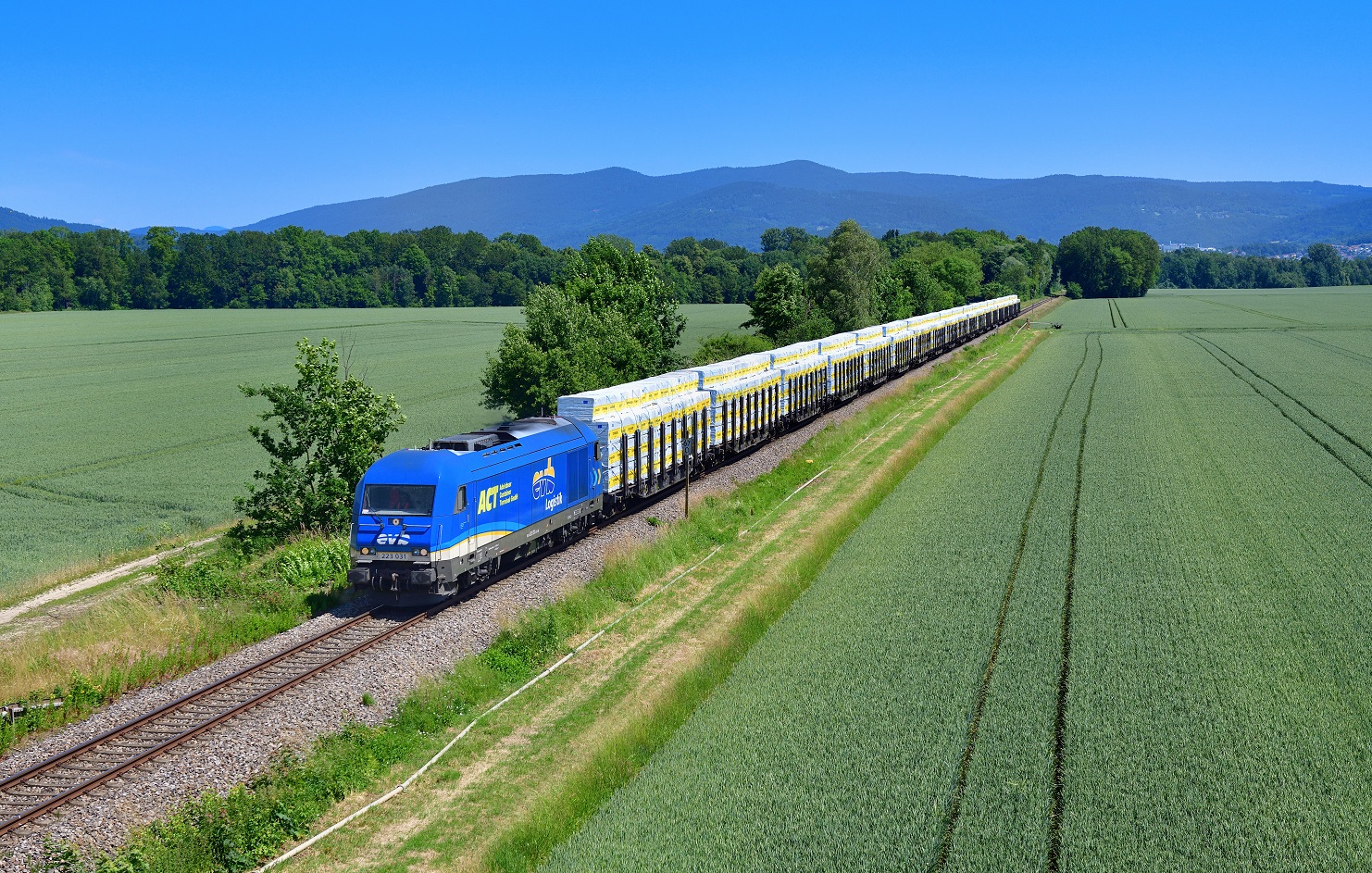 223 031 mit einem Schnittholzzug am 13.06.2023 bei Pankofen.