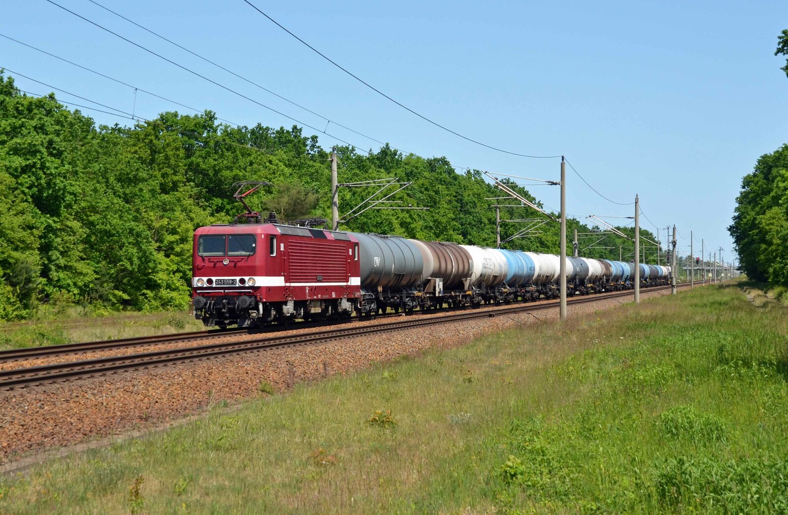 243 559 der Deltarail führte am 28.05.23 einen Kesselwagenzug von Frankfurt(O) nach Bitterfeld. Kurz vor dem Ziel passiert der Zug Burgkemnitz.