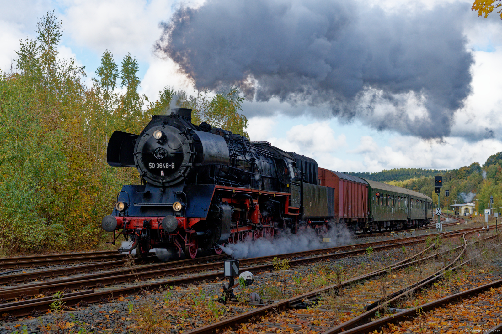 50 3648 des Sächsischen Eisenbahnmuseums bei einer Erzgebirgsrundfahrt bei der Ausfahrt in Adorf (Vogtland), 16.10.2021