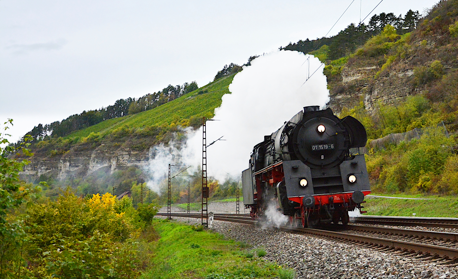 Am Sonntag, 02.10.2022 überführten die Eisenbahnfreunde Zollernbahn (EFZ) ihre Schnellzugdampflok 01 519 alias 01 1519-6 solo von Leipzig über Weimar, Eisenach und Fulda nach Würzburg-Zell. Bei tristem Regenwetter kam das Dampfross bei Himmelstadt durch das Maintal galoppiert.