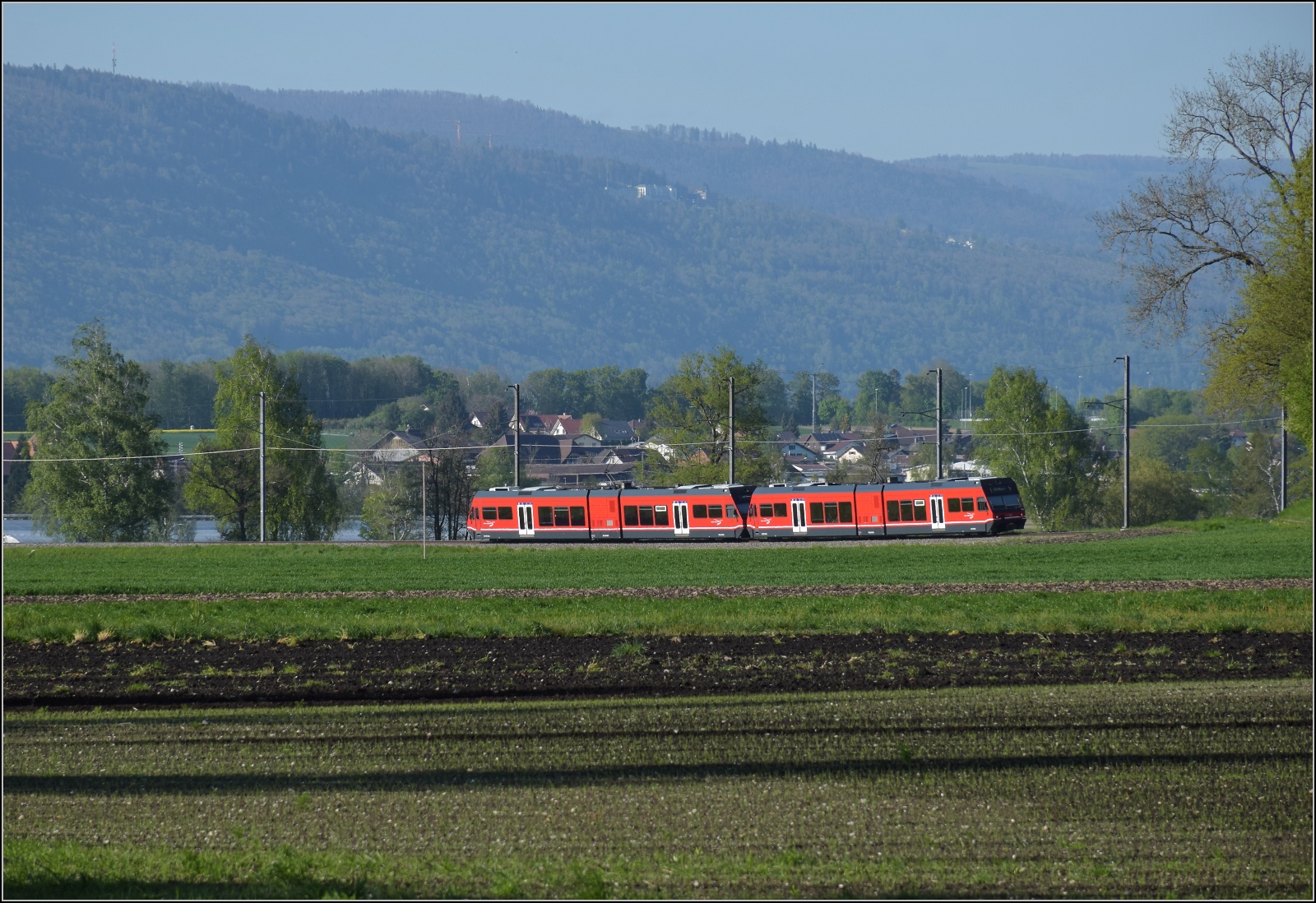 Auf der Biel-Täuffelen-Ins Bahn.

GTW Be 2/6 509 und GTW Be 2/6 510 der ASm im Lüscherzer Moos noch auf dem Gemeindegebiet von Siselen. April 2022.