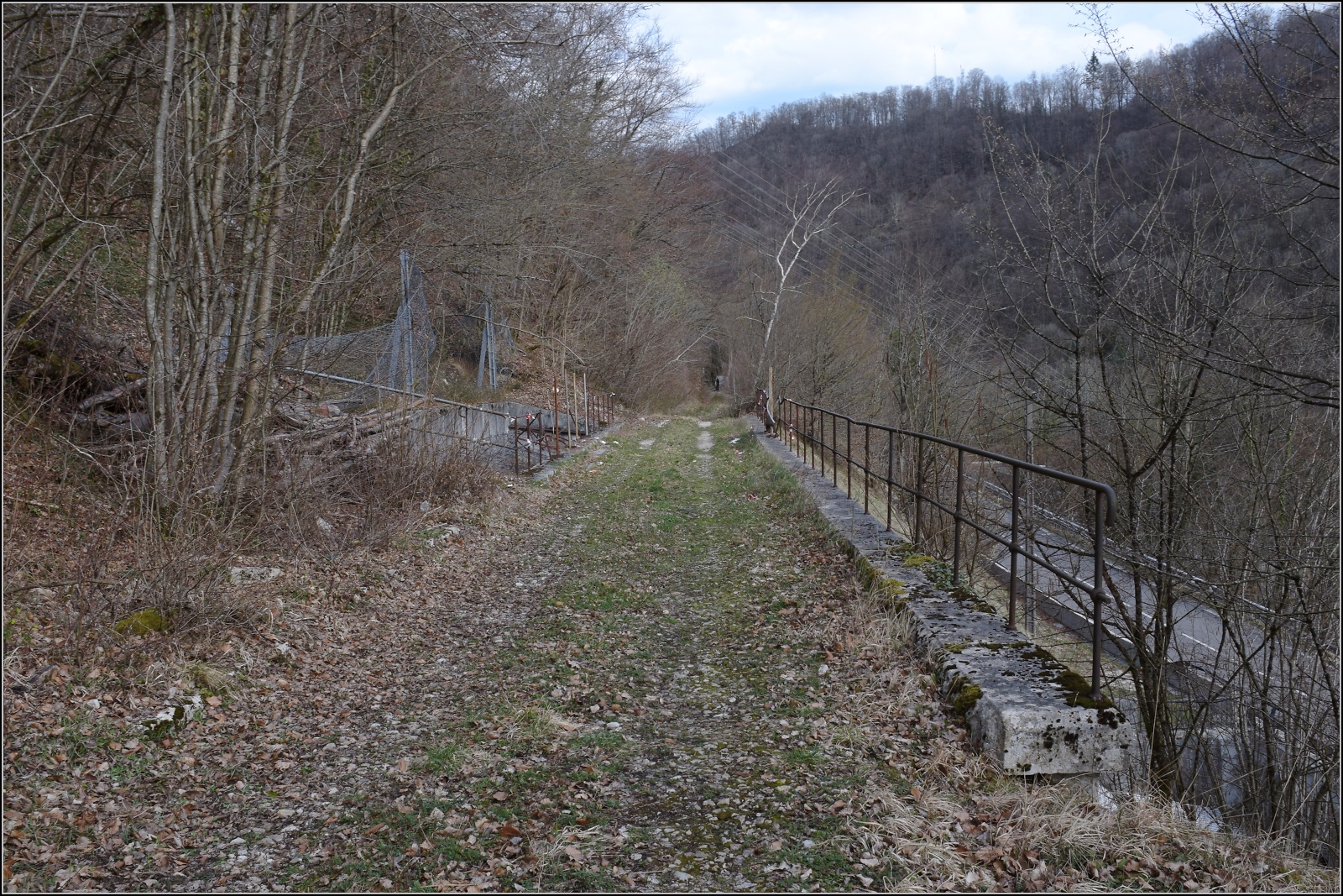 Bahn entlang des Doubs.

Der Stichstrecke nach St-Hippolyte wurden hinter Point-de-Roide schon längst die Gleise geraubt. Ein lauschiger Waldweg ist der Rest von Strecke 859000. Doch bei genauerer Betrachtung erkennt man hier einen Viadukt. März 2023.