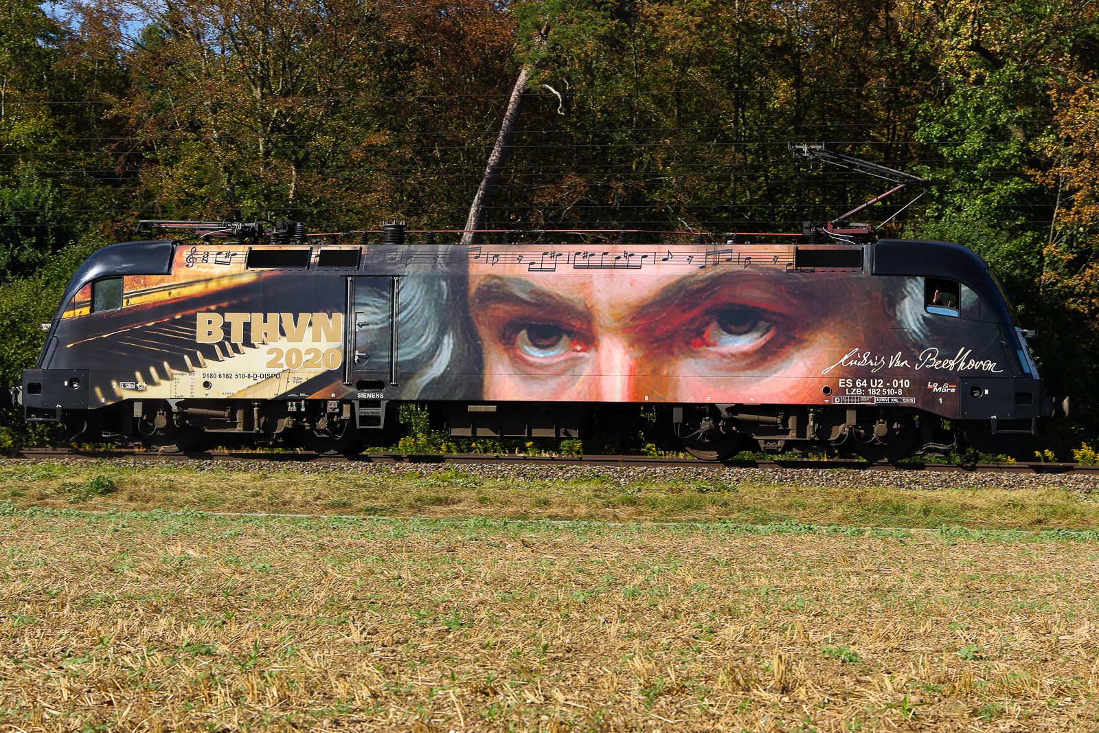 Beethoven  182 510 kommt mit dem ausgetrockneten Feld und dem Wald im Hintergrund irgendwie etwas gespenstisch r�ber. Witziges Motiv abgelichtet am 19.08.26 bei Eglharting.