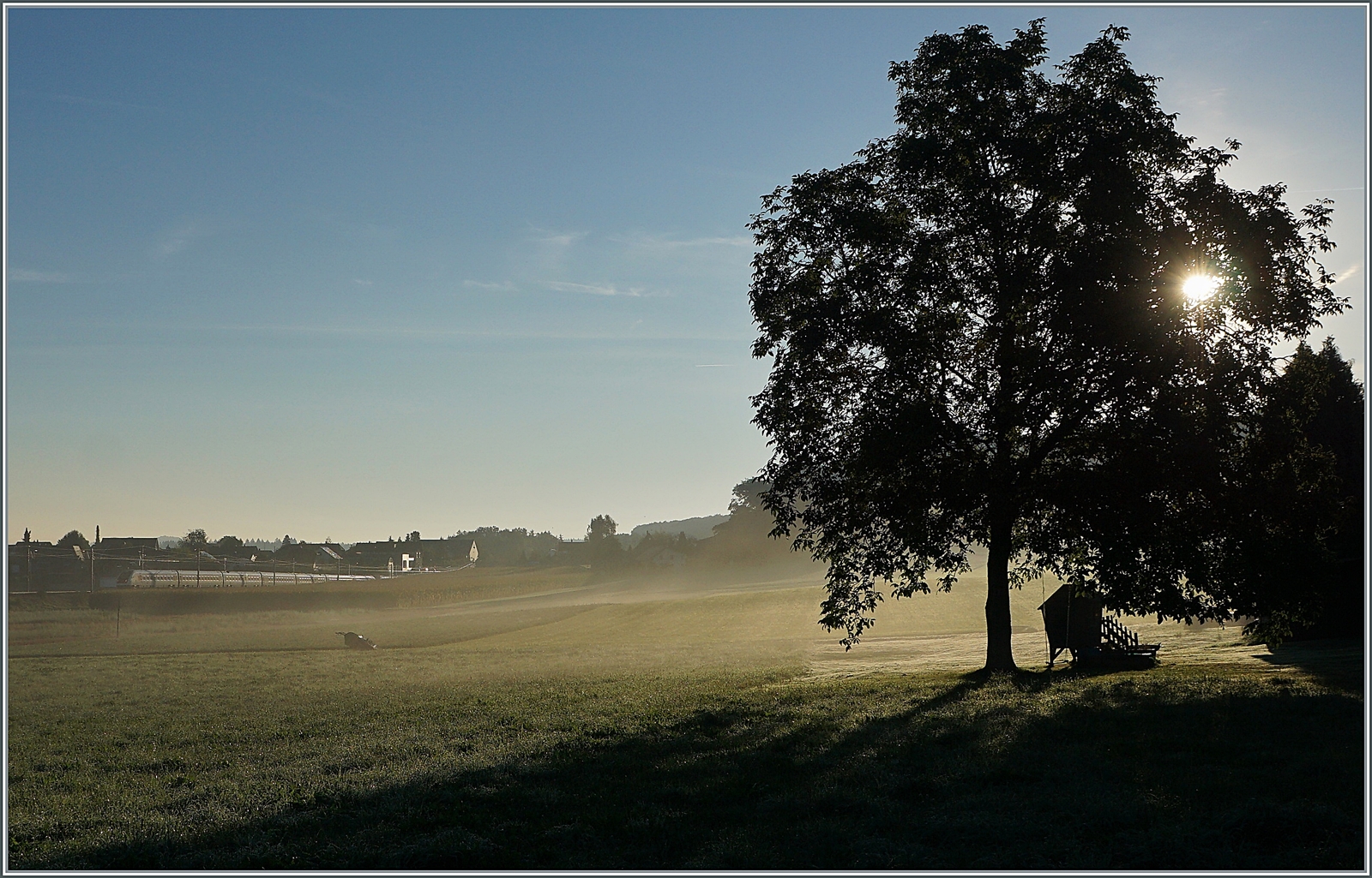 Bei Bolken ist ein ICN auf dem Weg nach Solothurn. Morgentliche Nebel-Romantik auf der ABS Wanzwil - Solothurn. 

12. September 2022