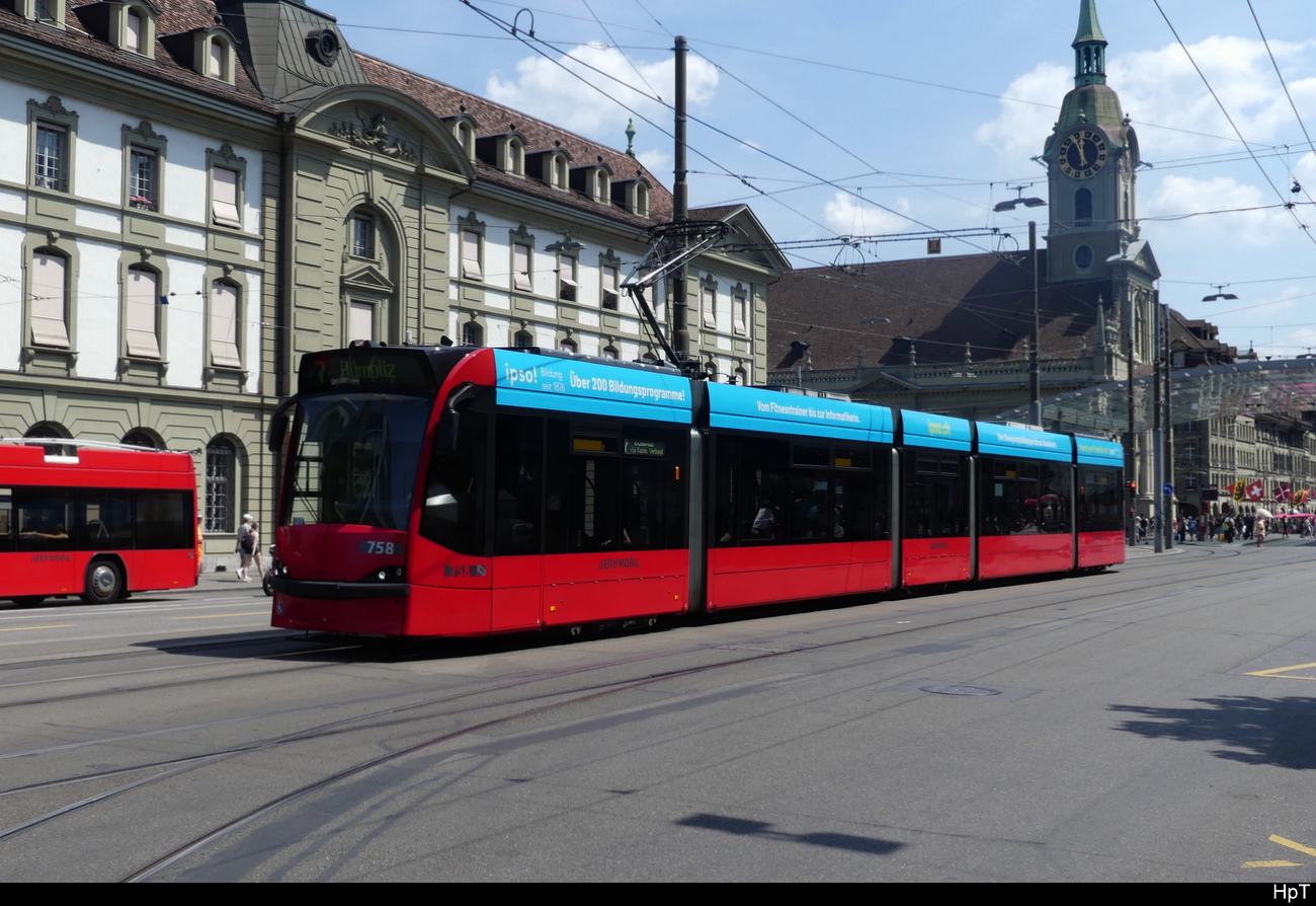 Bern Mobil - Be 4/6  758 unterwegs auf der Linie 7 in der Stadt Bern am 17.06.2023
