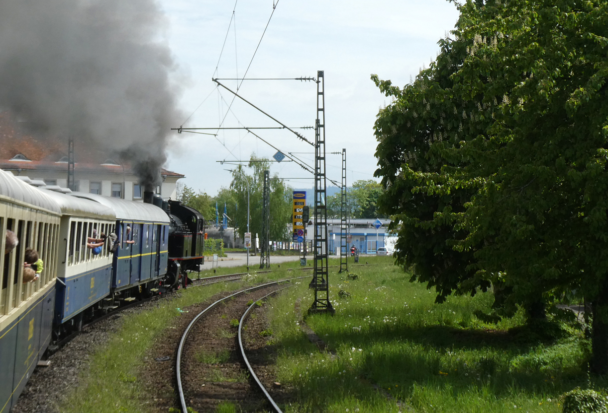 Dampflok Eb 3/5 BT 9 fährt mit ihrem Extrazug von Singen in Richtung Etzwilen anlässlich des Bahnfestes 150 Jahre Nationalbahn. Etzwilen, 27.4.2025