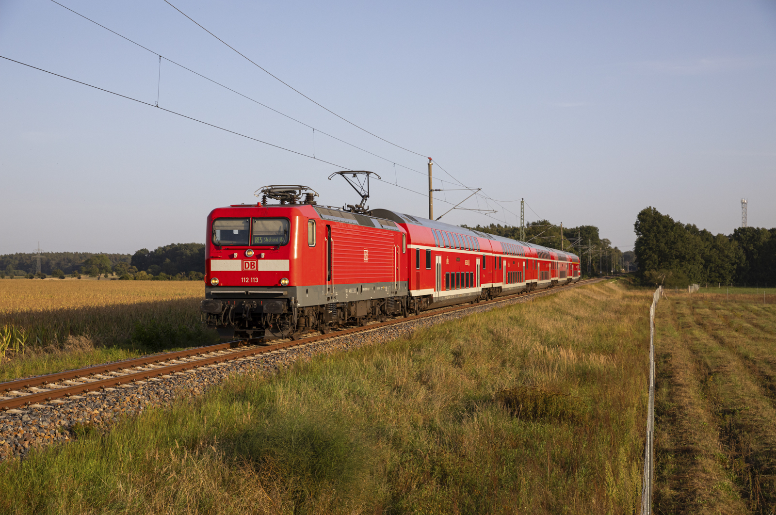 Die 112 113 zog im schönen Abendlicht, des 11.09.2023 den RE5 3514 Oranienburg - Stralsund, durch die Vallachei bei Zacharie.