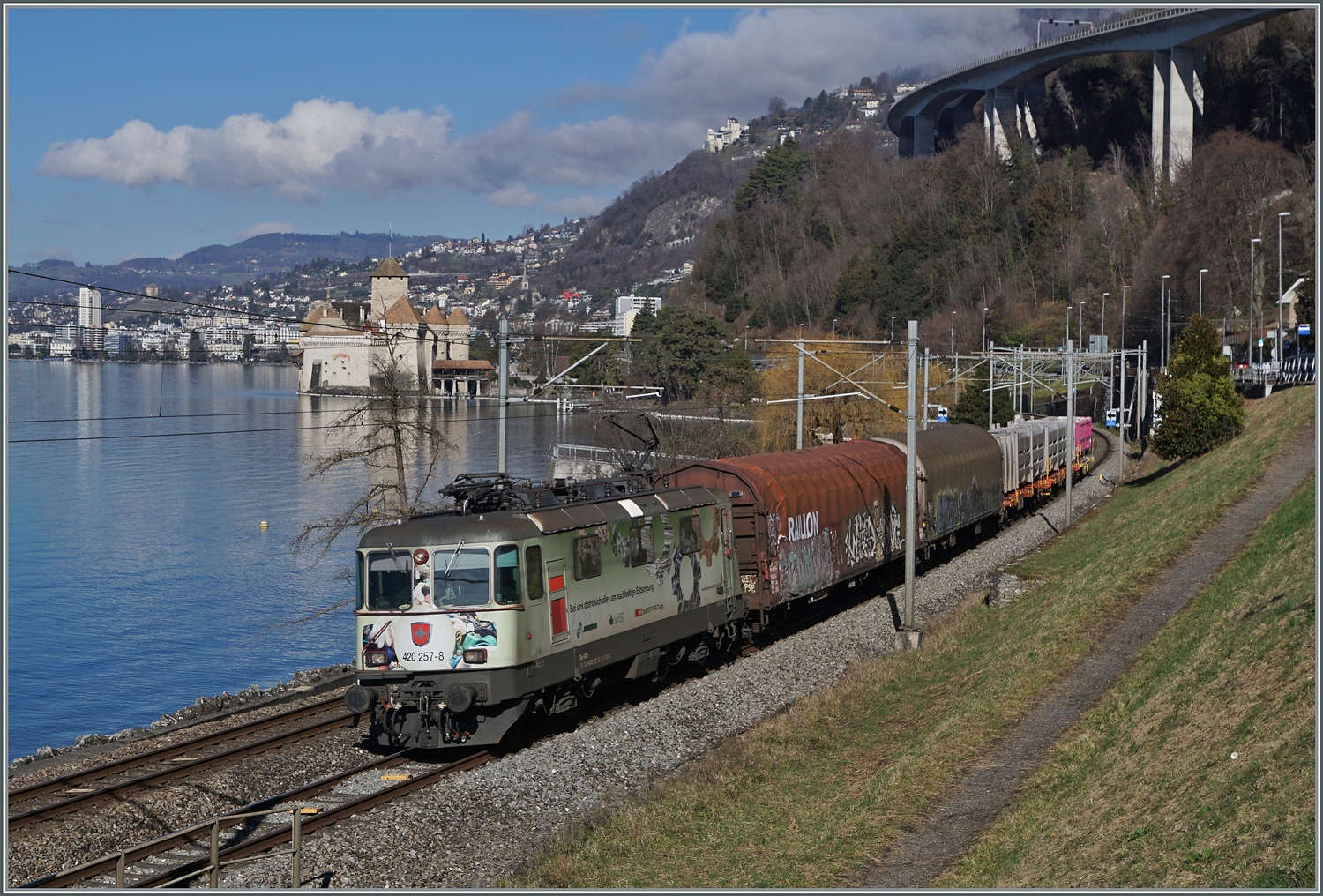 Die SBB Re 4/4 II 11275 (Re 420 257-8) mit einem Werbeanstrich ist mit einem Güterzug Richtung Wallis kurz vor Villeneuve unterwegs. Im Hintergrund das Château de Chillon. 

13. Februar 2024
