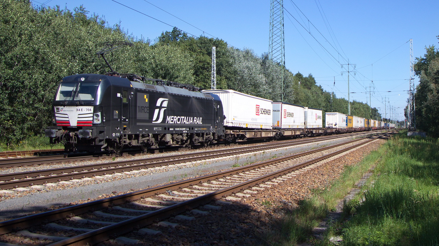 Diedersdorf am 04. September auf dem südlichen Berliner Ring fährt X4E 704 ((193 704-4) mit einem Containerzug.