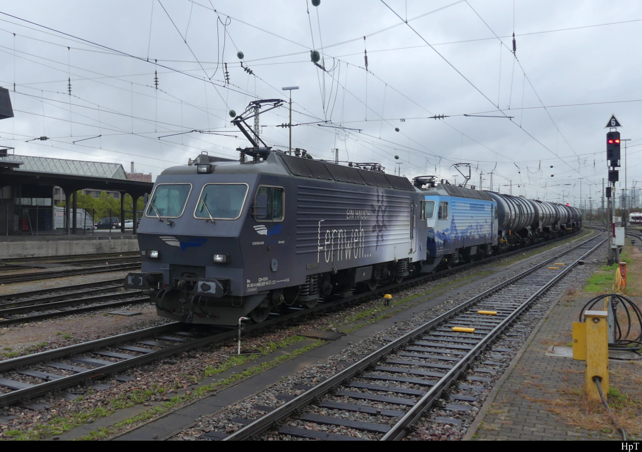 EDG - 185 097-3 + 185 112-0 mit Güterzug unterwegs im Bahnhofsareal des Bahnhof Basel Bad. am 29.09.2022