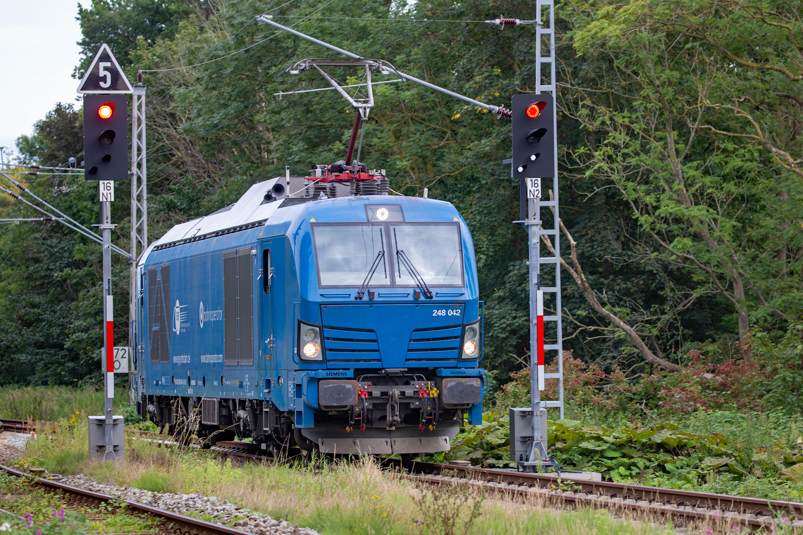EGP mit Lok 248 042 und angezeigter Erlaubnis zum Rangieren umlaufend im Bahnhof Lancken. - 30.08.2023 - Am Bahnübergang aufgenommen.
